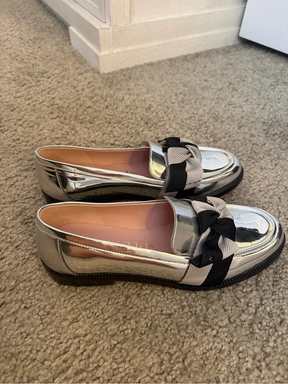 Kate Spade Silver Chrome Metallic Loafers with Black & Beige Bow